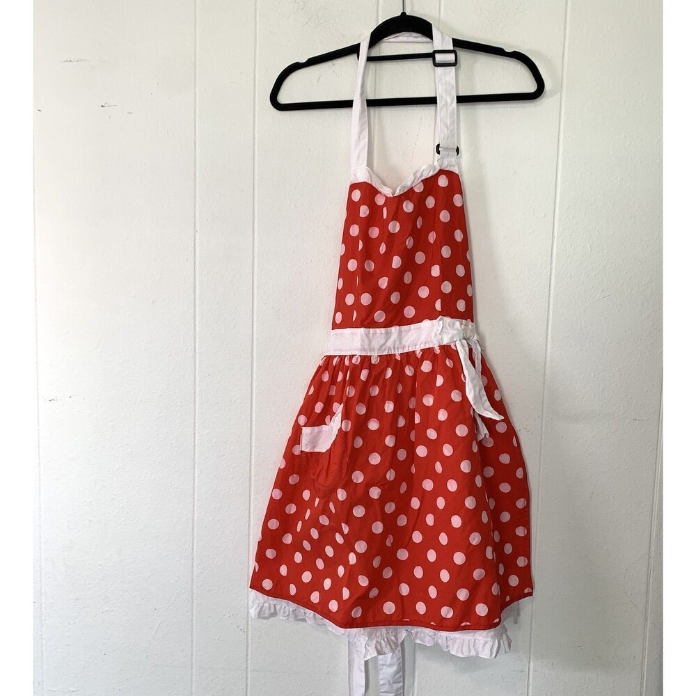 Disney Parks Adult Apron Minnie Mouse Red White Polka Dots New‎ *Flaws*